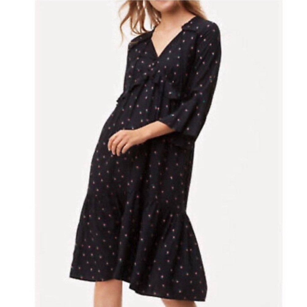 LOFT Black Pink Floral Ruffled Midi Boho Prairie Hippie
Bell Sleeves Dress XS